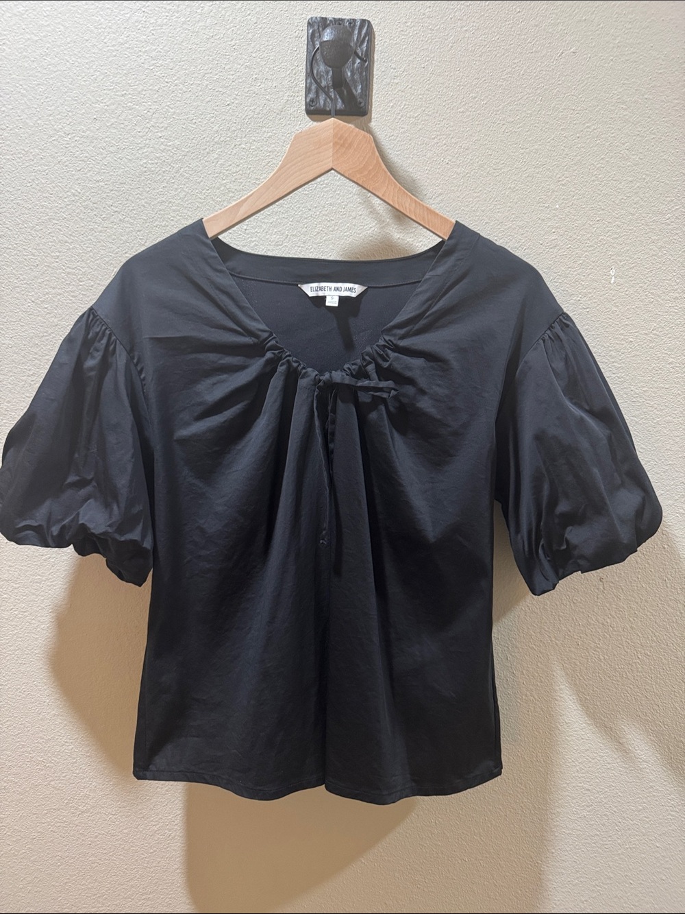 Elizabeth and James Black Puff Sleeve Tie-Neck Blouse